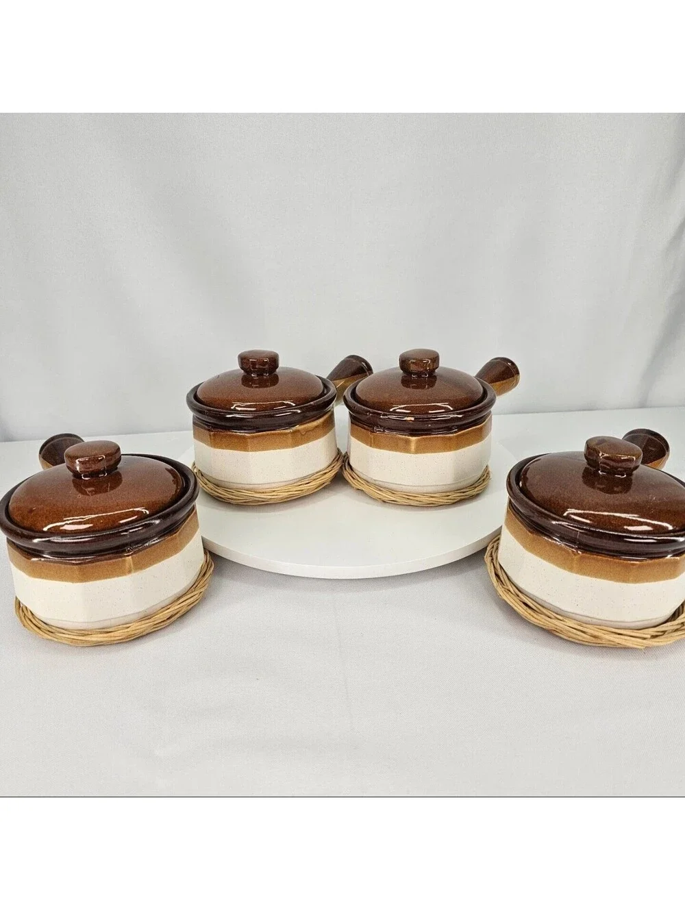 Vintage Stoneware French Onion Soup Bowls with Lids and Trivets Set of 4 Brown